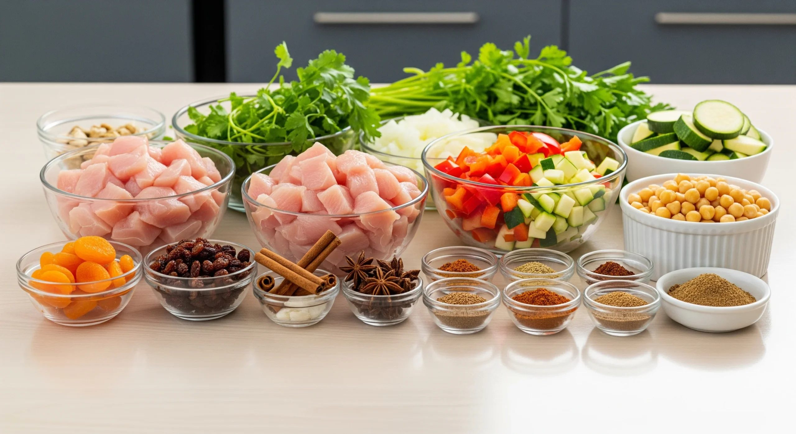 Moroccan Chicken Couscous: How to Cook It 3 Ways 1 Organized mise en place showing all ingredients prepped and ready: diced chicken, chopped vegetables, measured spices, dried fruits, chickpeas, and fresh herbs. Clean, professional food photography style.