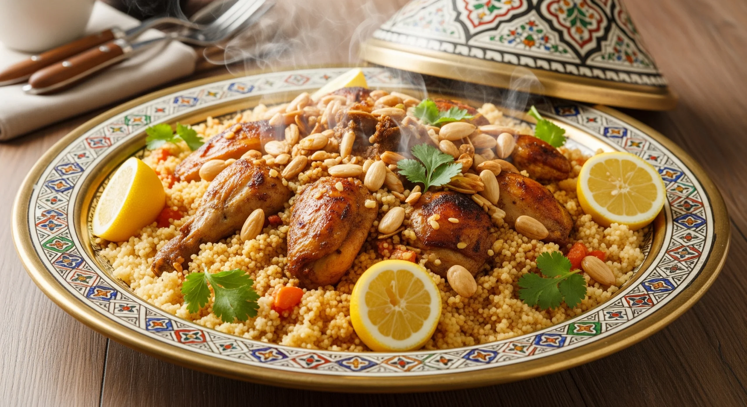 Moroccan Chicken Couscous: How to Cook It 3 Ways 6 Large decorative Moroccan chicken couscous serving platter piled high with couscous, arranged chicken pieces on top, garnished with toasted almonds, fresh cilantro, and lemon wedges. Colorful and appetizing presentation.