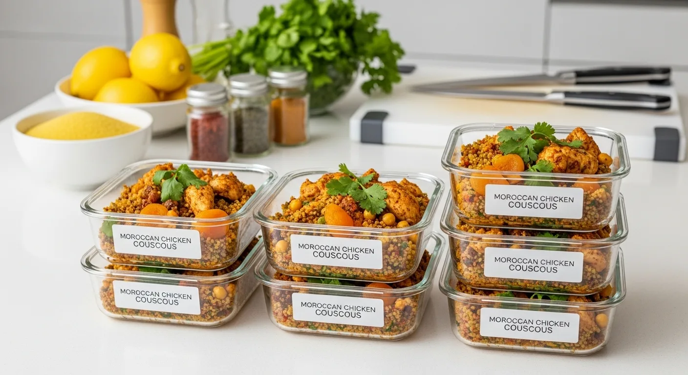 Moroccan Chicken Couscous: How to Cook It 3 Ways 11 Modern meal prep scene with glass containers filled with portioned moroccan chicken couscous, labeled and stacked. Fresh ingredients and cooking utensils in background. Clean, organized aesthetic.