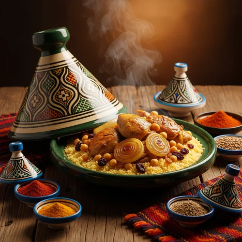 A rustic wooden table with a large traditional tagine surrounded by fluffy golden couscous, tender chicken pieces, caramelized onions, chickpeas, and raisins. Moroccan spices in small bowls nearby. Warm, inviting lighting with steam rising from the dish.